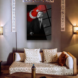 Atatürk Türk Bayrağı Temalı Siyah Fon Cam Tablo – ATA132