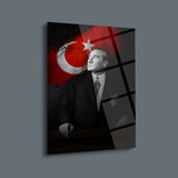 Atatürk Türk Bayrağı Temalı Siyah Fon Cam Tablo – ATA132