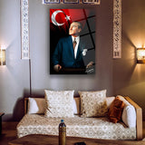 Mustafa Kemal Atatürk ve Türk Bayrağı Cam Tablo | Renkli Portre ve İmza - ATA120