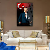Mustafa Kemal Atatürk ve Türk Bayrağı Cam Tablo | Renkli Portre ve İmza - ATA120