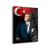 Mustafa Kemal Atatürk ve Türk Bayrağı Cam Tablo | Renkli Portre ve İmza - ATA120
