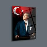 Mustafa Kemal Atatürk ve Türk Bayrağı Cam Tablo | Renkli Portre ve İmza - ATA120