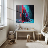 Neon Geometri Soyut Sanat Kare Cam Tablo - MODK086