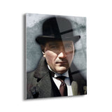 Atatürk portresi UV baskılı temperli cam tablo, parlak yüzeyli, rodajlı kenarlı, duvara asılmaya hazır modern dekor ürünü