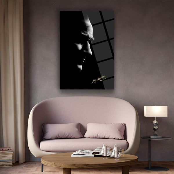 Atatürk Siyah Beyaz Minimalist Silüet Cam Tablo – ATA226
