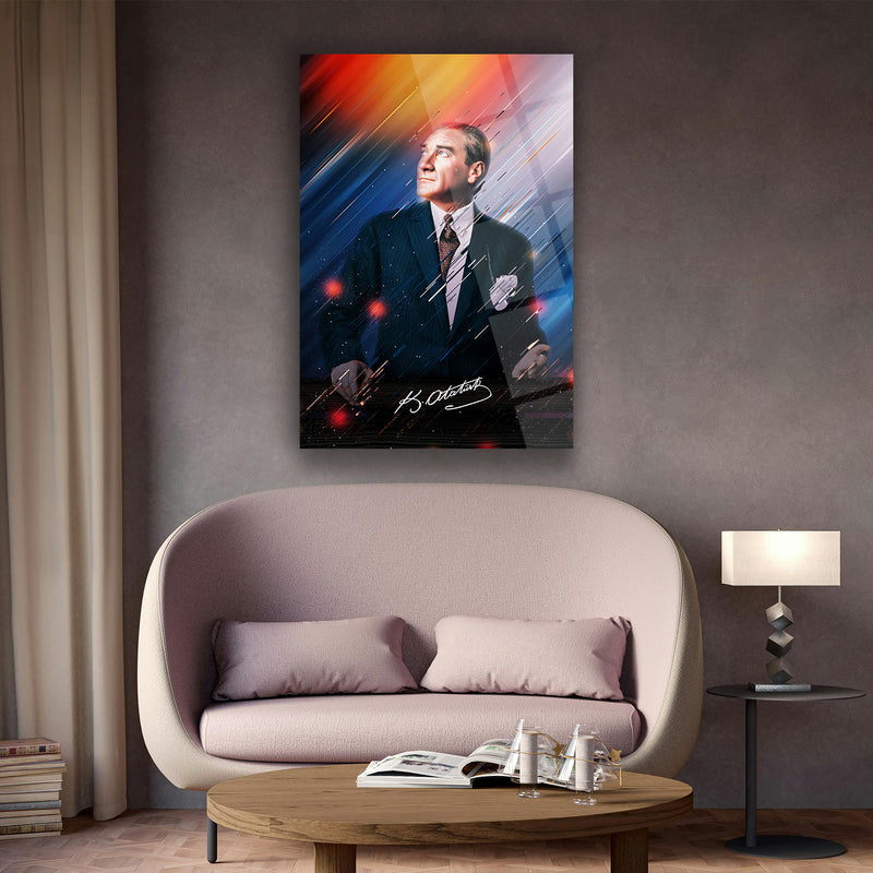 Atatürk Renkli Işık Efektli Modern Portre Cam Tablo – ATA127