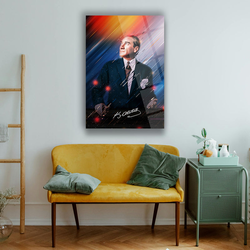 Atatürk Renkli Işık Efektli Modern Portre Cam Tablo – ATA127