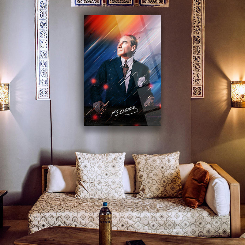 Atatürk Renkli Işık Efektli Modern Portre Cam Tablo – ATA127