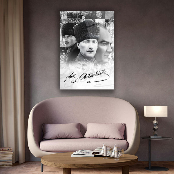 Atatürk Üçlü Portre Siyah Beyaz Cam Tablo – ATA137