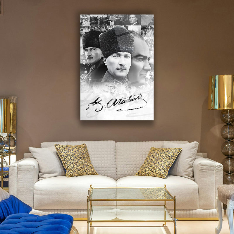 Atatürk Üçlü Portre Siyah Beyaz Cam Tablo – ATA137