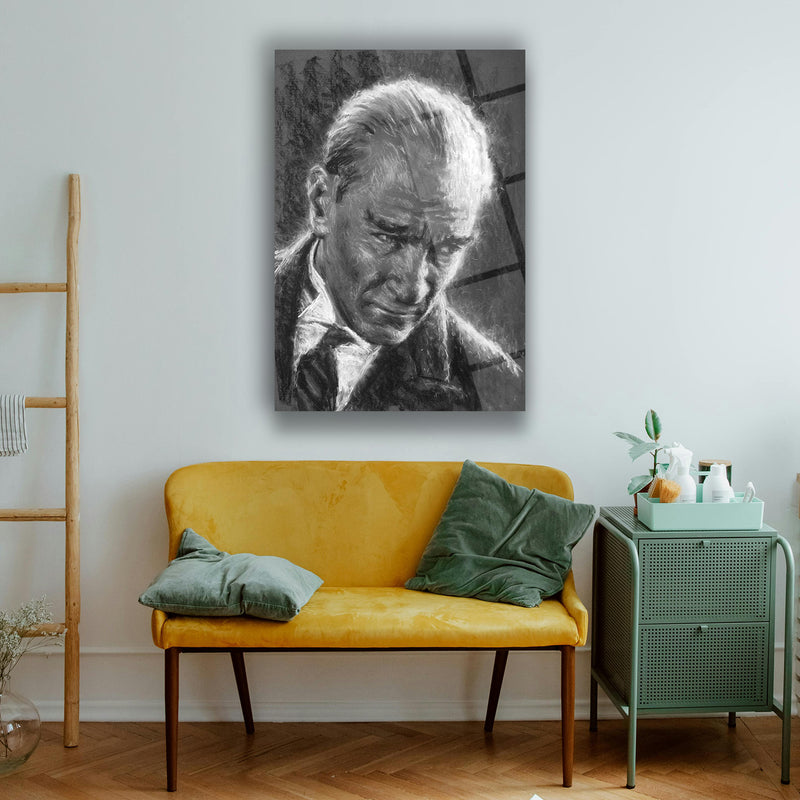 Atatürk Siyah Beyaz Karakalem Portre Cam Tablo – ATA144