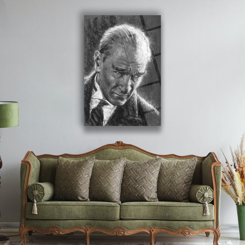 Atatürk Siyah Beyaz Karakalem Portre Cam Tablo – ATA144
