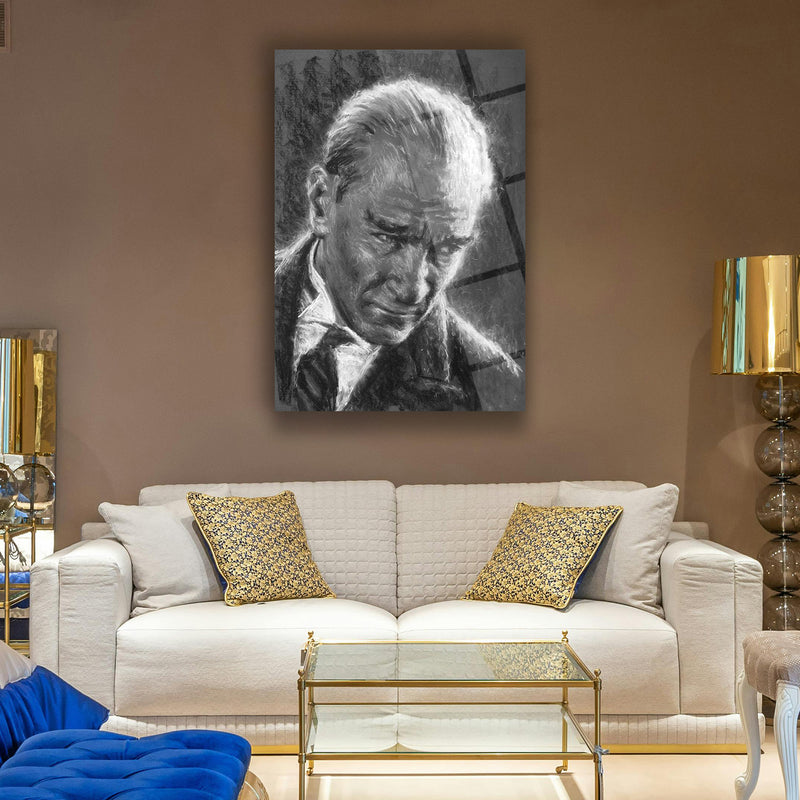 Atatürk Siyah Beyaz Karakalem Portre Cam Tablo – ATA144