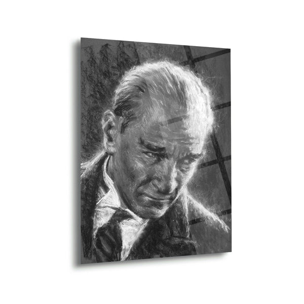 Atatürk Siyah Beyaz Karakalem Portre Cam Tablo – ATA144