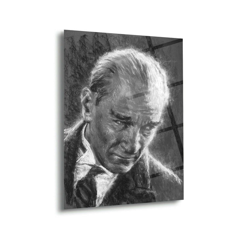 Atatürk Siyah Beyaz Karakalem Portre Cam Tablo – ATA144