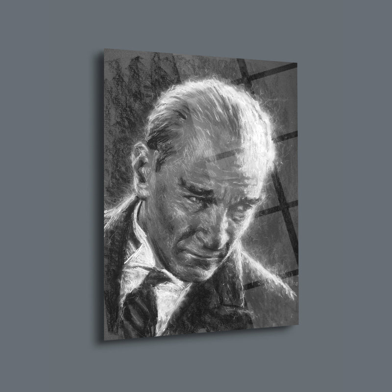 Atatürk Siyah Beyaz Karakalem Portre Cam Tablo – ATA144