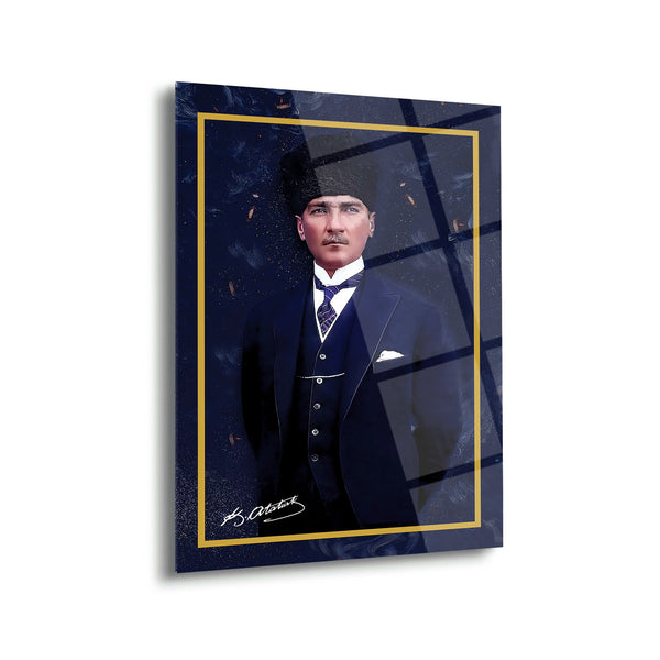 Atatürk Lacivert Fon ve Altın Çerçeveli Cam Tablo – ATA224
