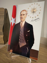14 x 20 cm masaüstü Atatürk cam tablo, şeffaf pleksi ayaklı - ATA303