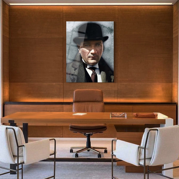 Atatürk portresi UV baskılı temperli cam tablo, parlak yüzeyli, rodajlı kenarlı, duvara asılmaya hazır modern dekor ürünü
