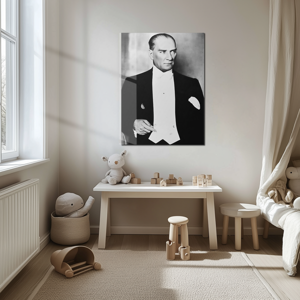 Atatürk Portre Cam Tablo – UV Baskılı Temperli Cam | Şık Smokinli Duruşuyla Kararlı ve Anlamlı Tasarım - ATA113
