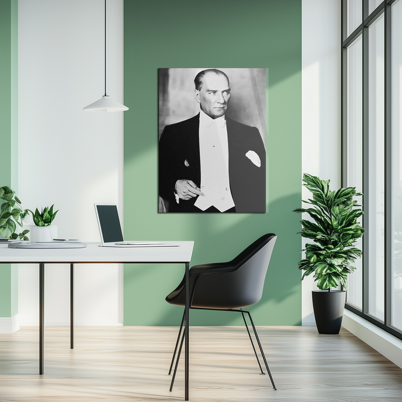 Atatürk Portre Cam Tablo – UV Baskılı Temperli Cam | Şık Smokinli Duruşuyla Kararlı ve Anlamlı Tasarım - ATA113