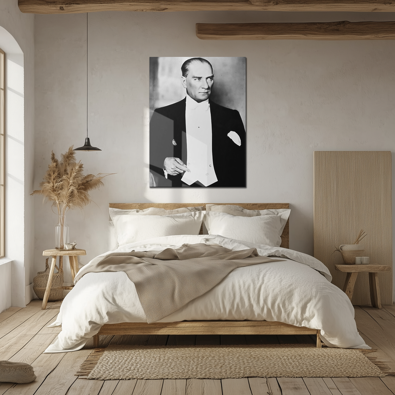 Atatürk Portre Cam Tablo – UV Baskılı Temperli Cam | Şık Smokinli Duruşuyla Kararlı ve Anlamlı Tasarım - ATA113