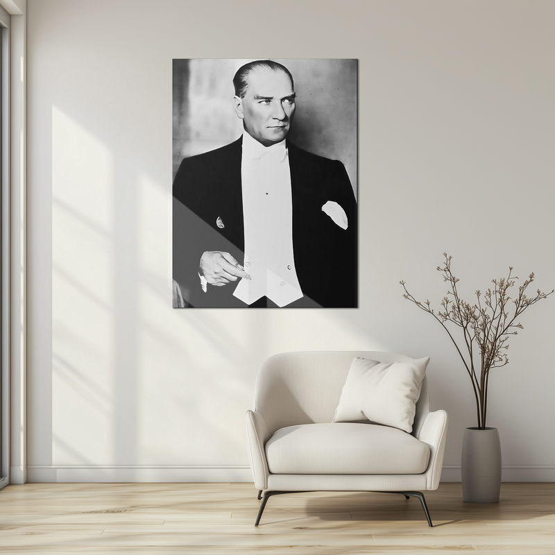 Atatürk Portre Cam Tablo – UV Baskılı Temperli Cam | Şık Smokinli Duruşuyla Kararlı ve Anlamlı Tasarım - ATA113