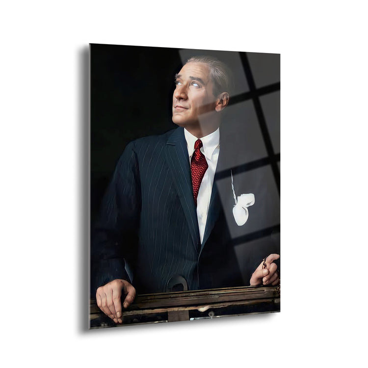 Shiny Art Atatürk Portre Cam Tablo yakın çekim: yüksek çözünürlüklü UV baskı ve parlak temperli cam yüzey detayı (ATA018)