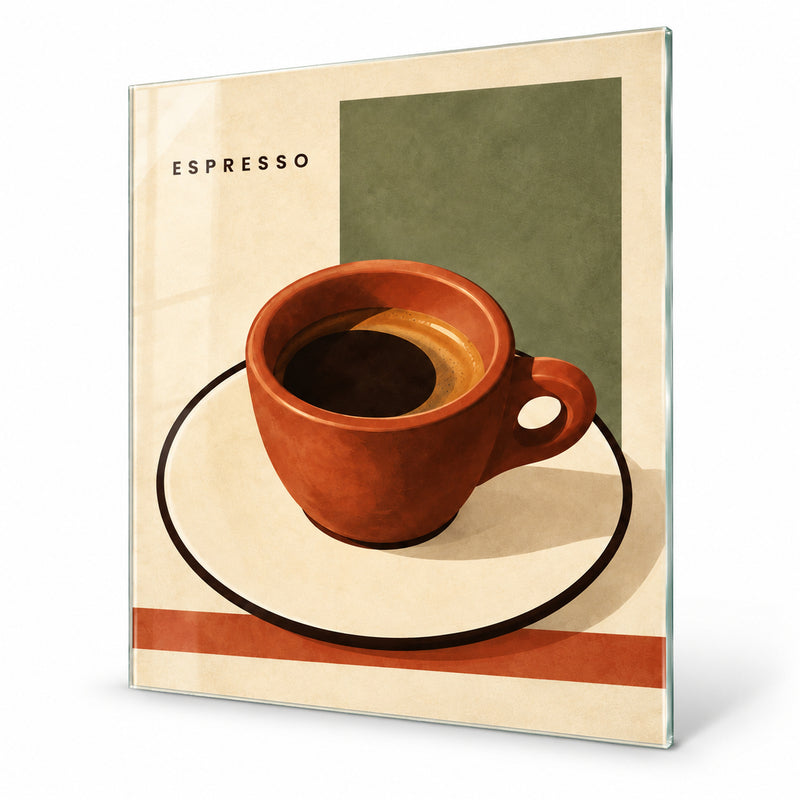 Espresso cam tablo MOD165, beyaz fonda çerçevesiz cam panel görünümü.