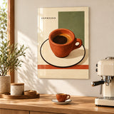 Espresso cam tablo MOD165, espresso makinesi bulunan ahşap kahve köşesinde.