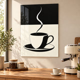 Siyah Beyaz Kahve cam tablo MOD168, espresso makinesi bulunan ahşap kahve köşesinde.